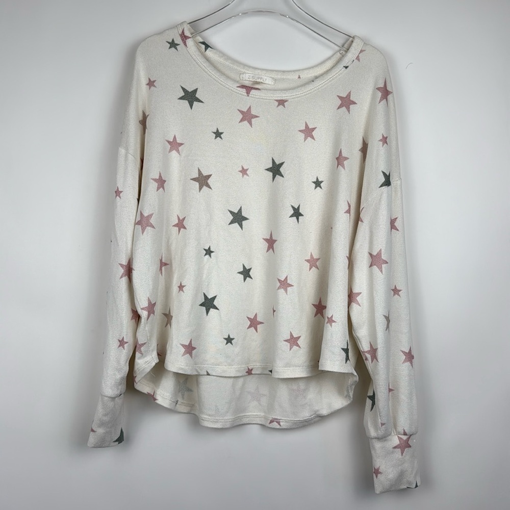 Z Supply Soft Cozy Pink & Green Star Long Sleeved Cream Top Size XS